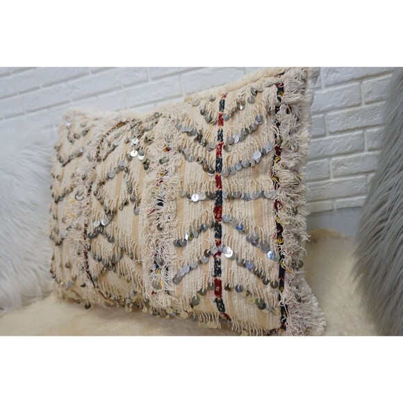 Vintage Moroccan Wedding Blanket Pillow: White Handira Lumbar Cushion 03YL0456 - Picture 2 of 10